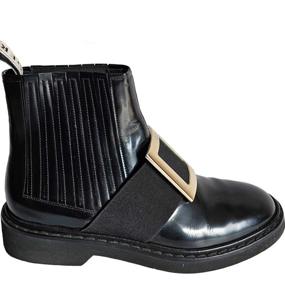 ROGER VIVIER BLACK VIV RANGERS LEATHER BUCKLE CHELSEA BOOTS (38.5) - Picture 6 of 11